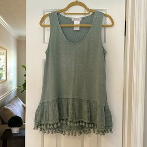 Pale green cotton sleeveless blouse size small with cute ball tassels